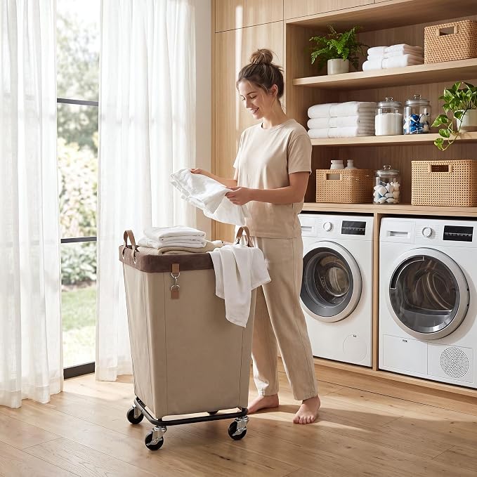 StorageWorks 110L Laundry Basket with Wheels, Rolling Hampers for Clothing | Light Kahki Laundry Rolling Cart with Handles for Bedroom, Bathroom, Dorm, Hotel