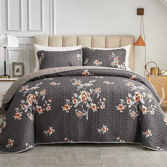 Flysheep 3 Pieces Quilt Set King Size, Dark Gray Floral Reversible Bedspread Coverlet Set, Soft Microfiber Lightweight Bed Cover for All Season (102" x 90", 1 Quilt+ 2 Pillow Shams)
