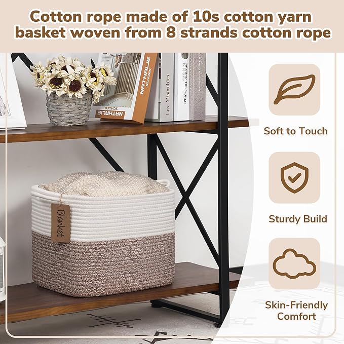 Goodpick Woven Rope Storage Basket for Shelves, Rectangle, Brown | 13" × 10" × 9" Stylish Gift Basket for Bedroom & Living Room Organization, Cotton Rope Baskets for Toys & Towels Storage