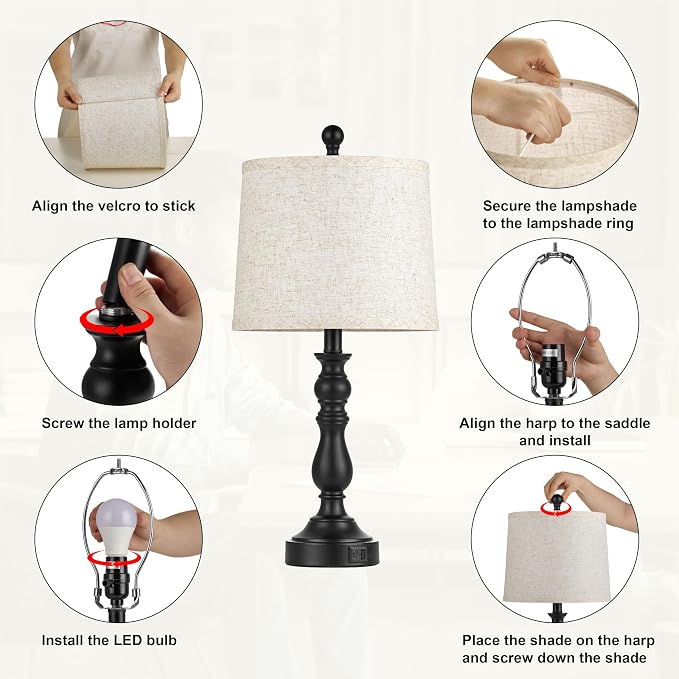 23'' Black Table Lamps Set of 2, Lamps for Bedroom, USB C+A Ports | Bedside Lamps with 3 Color Temperatures, Knob Switch, Lamps for Living Room, Office, Night Stands, End Table, Bulbs Included