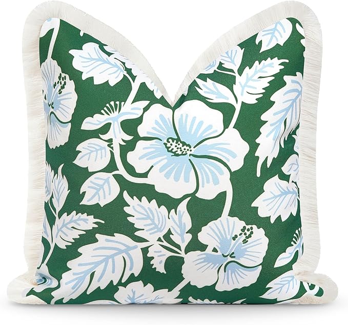 Hofdeco Premium Coastal Patio Indoor Outdoor Throw Pillow Cover Only, 20"x20" Water Repellent for Backyard, Couch, Green Baby Blue Print Tropical Hisbucs Flowers