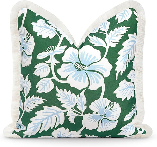 Hofdeco Premium Coastal Patio Indoor Outdoor Throw Pillow Cover Only, 20"x20" Water Repellent for Backyard, Couch, Green Baby Blue Print Tropical Hisbucs Flowers