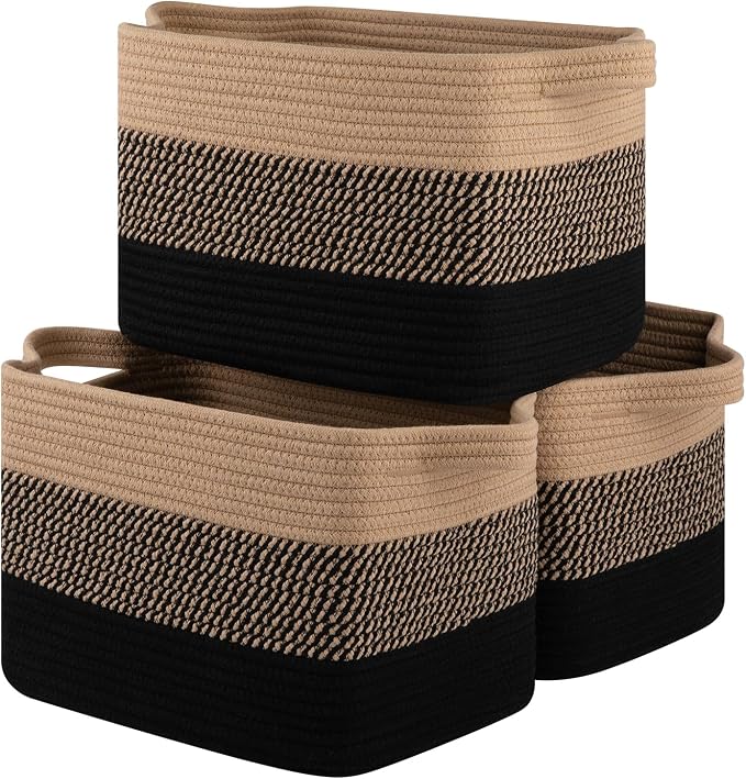 OIASKET Storage Basket for Organizing, Woven Baskets for Storage, Rectangle Decorative Baskets for Shleves, Closet, Toys, Books, Nursery Organizer Bins - Pack of 3 (Black & Brown, 15.75"x11.8"x9.85")