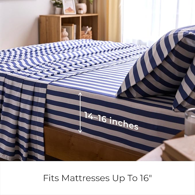 Mellanni Iconic 4-PC, Ultra Soft Sheet Set (King, Oxford Stripe Blue Nova) | 10M+ Sleepers. Lab-tested: Sleeps Cool, Stays Bright, Strong, Smooth. Good Housekeeping Best Bedding, 7 yrs running.