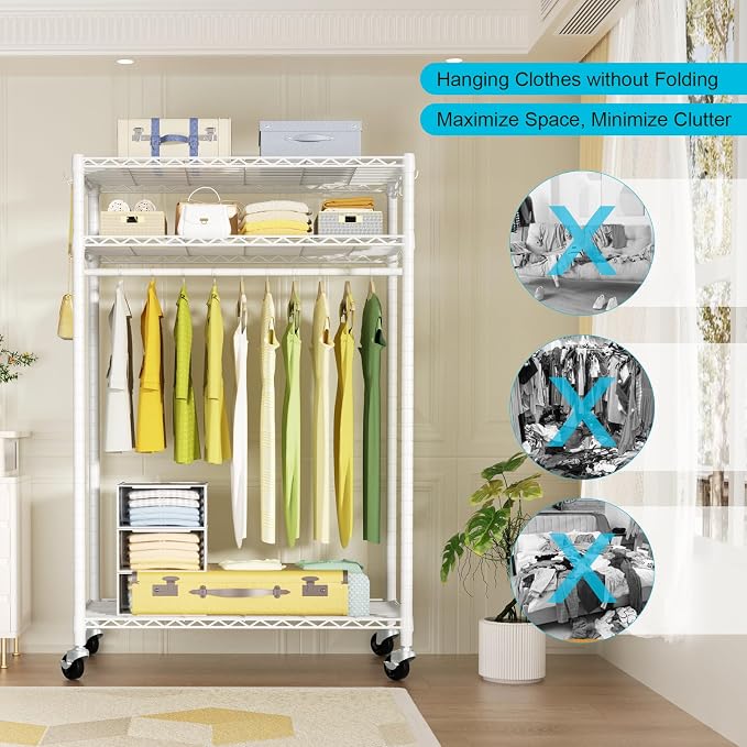 FUTASSI Rolling Clothes Rack, Clothing Racks for Hanging Clothes, White | P3 Plus Heavy Duty Garment Rack with Wheels, Freestanding Portable Closet Racks 45" W x 14" D x 78.5" H, Max Load 480 LBS