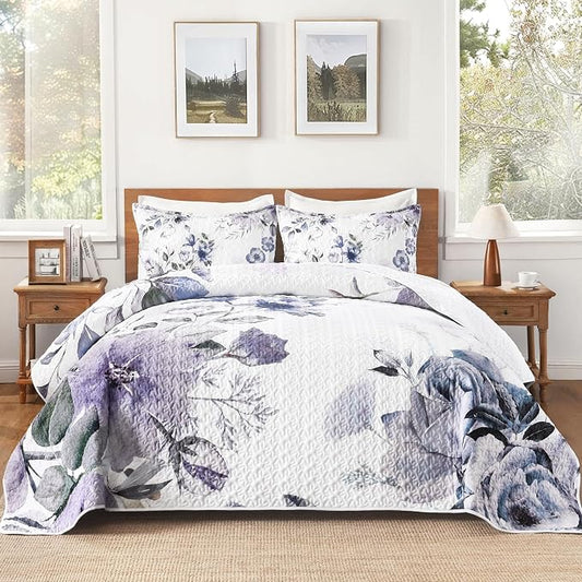 Quilt King Size, Purple Floral Boho Summer Bedspread 3 Pieces | White Flower Botanical Summer Bedspreads with 2 Shams, Reversible Polyester Coverlet Set for All Seasons, 106"x96"