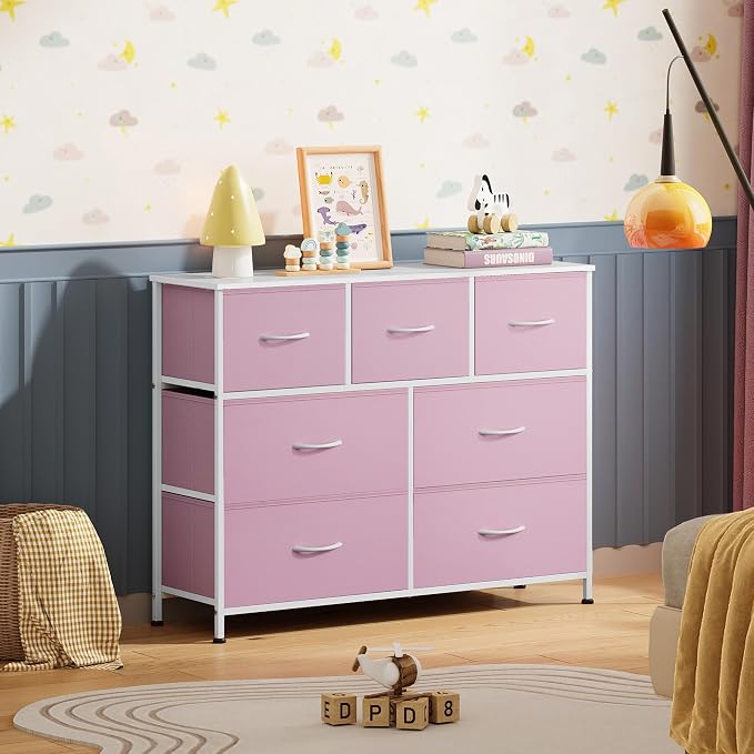 WLIVE Dresser for Bedroom, 7 Drawers, TV Stand, A-Pink | 7 roomy fabric drawers, Fits TVs up to 45 inch, Bedroom or living room, Wide storage design, Chest of drawers
