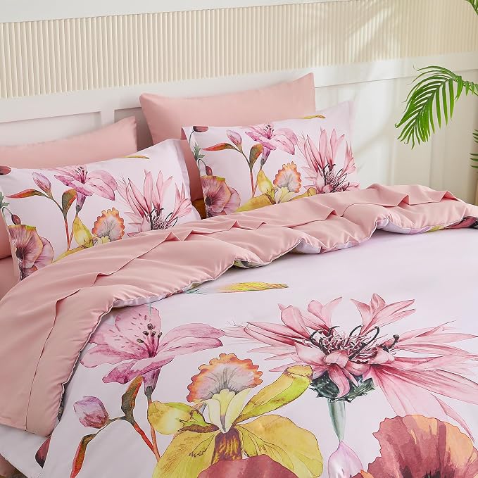 Yogeneg King Size Comforter Set 7 Piece Bed in a Bag,Elegant Floral Botanical Pattern Pink Bedding Set,Soft Microfiber Comforter with Sheet Set,All Season Bed Set(Blush Floral,King)