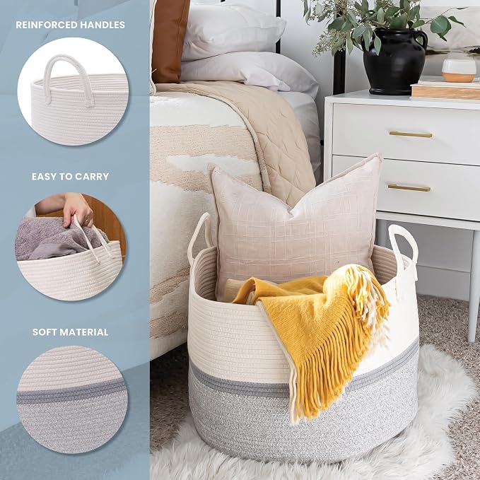 OrganiHaus Round Toy Basket & Blanket Basket, Cotton Rope 20x13" | Striped Gray - Round Cotton Rope Basket, 20x13"