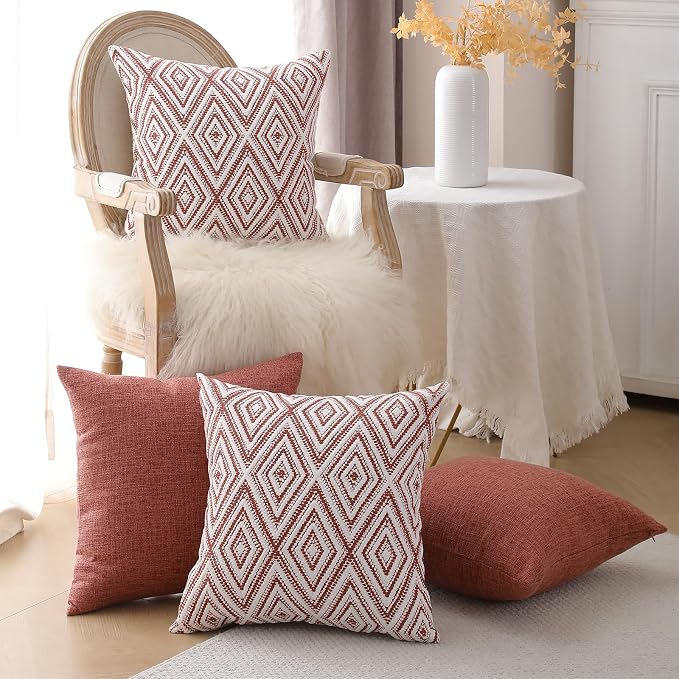 HPUK Throw Pillow Covers 18x18, 4 Pack, Coral Textured Couch Pillow Covers | Polyester fabric, patterned and solid designs, hidden zippers, machine washable, for sofas and beds, inserts not included