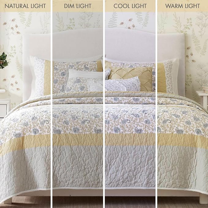 Madison Park 100% Cotton Quilt Set Floral Print, Double Sided Stitching, All Season, Lightweight Coverlet Shabby Chic Bedding Layer, Matching Shams, Full/Queen, Yellow 6 Piece | Double-Sided Stitching Floral Design, All Season, with Shams, Bed Skirt, D...