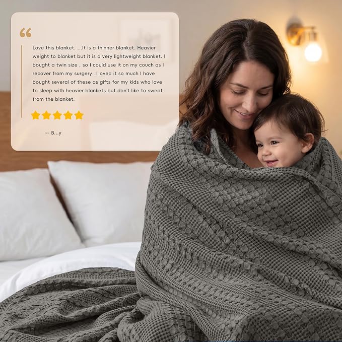 PHF Lightweight 100% Cotton Waffle Blanket for Bed, Queen, Charcoal Grey | Pre-Washed Soft Cotton Comfort, Breathable Layering Warmth for Fall & Winter, Bed, Sofa, Couch, Home Decor & Gifts
