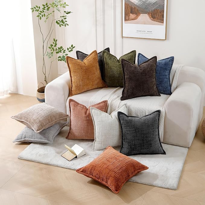 HPUK Chenille Throw Pillow Covers 18x18 Inch, Soft Woven Texture, Set of 2 | Plush woven texture, invisible zipper, couch sofa bed bedroom living room decor, square cushion covers, inserts not included