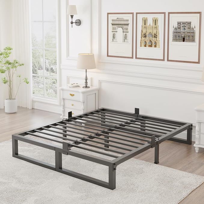 Yitong Angel 10 inch Queen Bed Frame Low Profile Metal Platform with Mattress Slide Stopper,Heavy Steel Slats Support Frames,No Box Spring Needed,Noise Free,Non-Slip,Easy Assembly