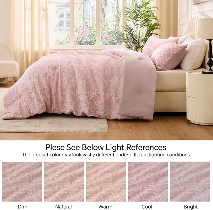 BEDELITE Queen Comforter Set Striped-Blush Pink,Lightweight &Soft Comforter | Pintuck Boho Bedding, Warm & Cute Bed Set for All Season,With 2 Pillowcases