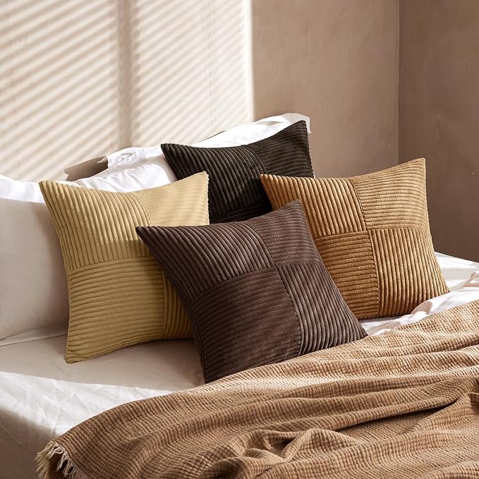 MIULEE Boho Decorative Throw Pillow Covers 18x18 Set of 4 Farmhouse Neutral Cushion Cases Gradient Corduroy Pillow Cases Modern Soft Corduroy Patchwork Home Decor for Couch Sofa Bedroom Camel Brown
