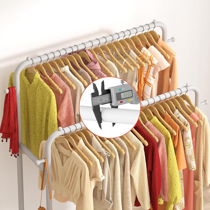 Laiensia Double Rods Garment Rack with Wheels, Clothing Rack for Hanging Clothes,4 Hooks, Multi-functional Bedroom Clothes Rack, White