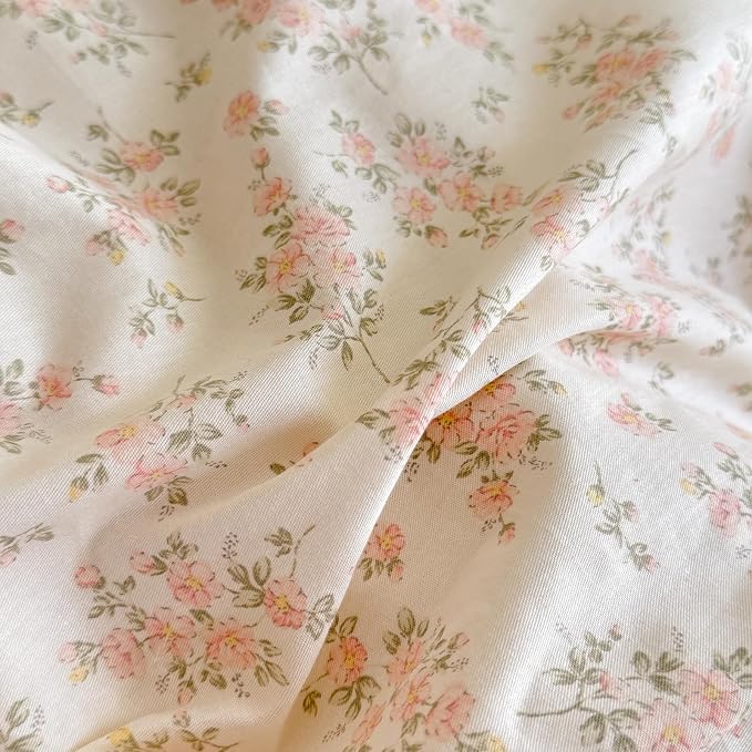 mixinni Shabby Chic Floral Duvet Cover Set Queen, 100% Cotton Cottagecore Bedding with Double Ruffle Lace Trim, Reversible Pink Rose Flower Vintage Farmhouse Comforter Cover with Zipper & Corner Ties