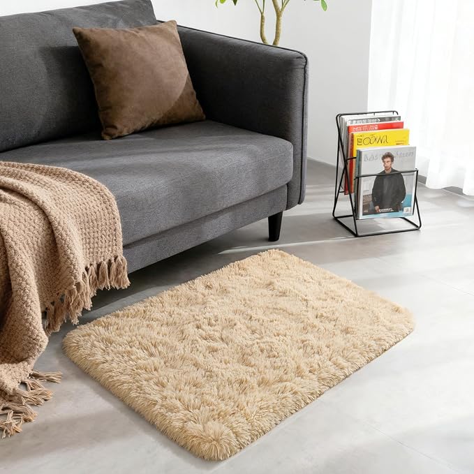Modern Soft Fluffy Small Shaggy Rug for Bedroom Livingroom, Soft Non-Slip Kids Room Entryway Throw Rugs, Plush Furry Fur Area Rugs Comfy Nursery Accent Floor Carpet 2x3 Feet, Beige