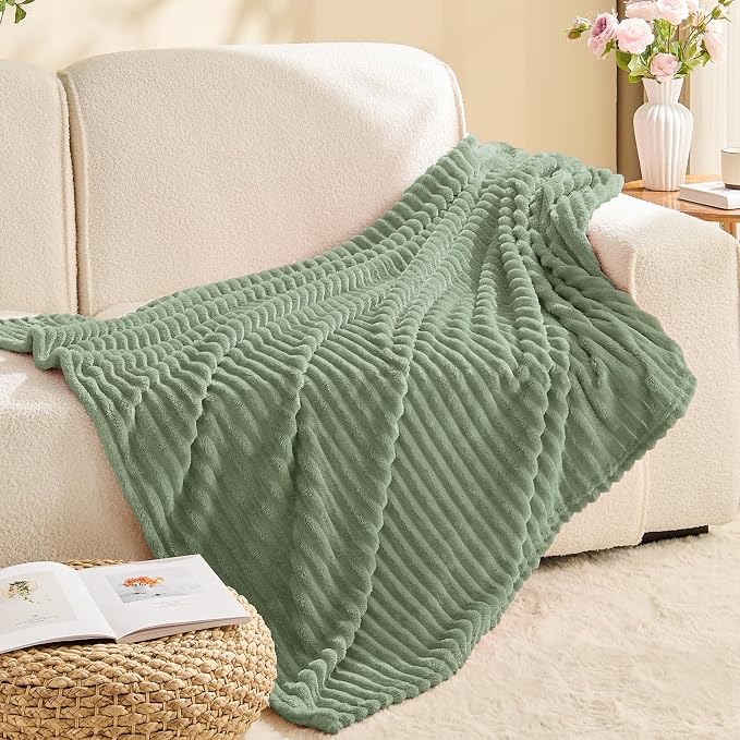 BEDELITE Ribbed Sage Grey Green Fleece Throw Blanket for Couch, 50x60 Inch | Soft Warm Decorative Fluffy Blanket, Cozy Plush Lightweight Fuzzy Throw Blanket for Bed Sofa Home Room Decor, Gift for Women