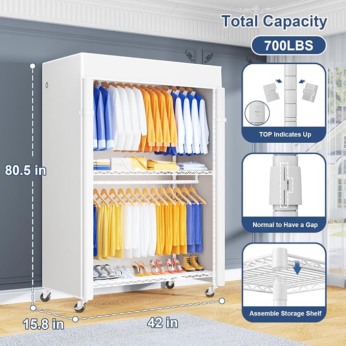 P8C Pro Heavy Duty Clothes Rack（With Extended Width Design） Rolling Clothing Racks for Hanging Clothes with Lockable Wheels，42" W x 15.8" D x 80.5" H，Load 700LBS，White Rack with White Cover