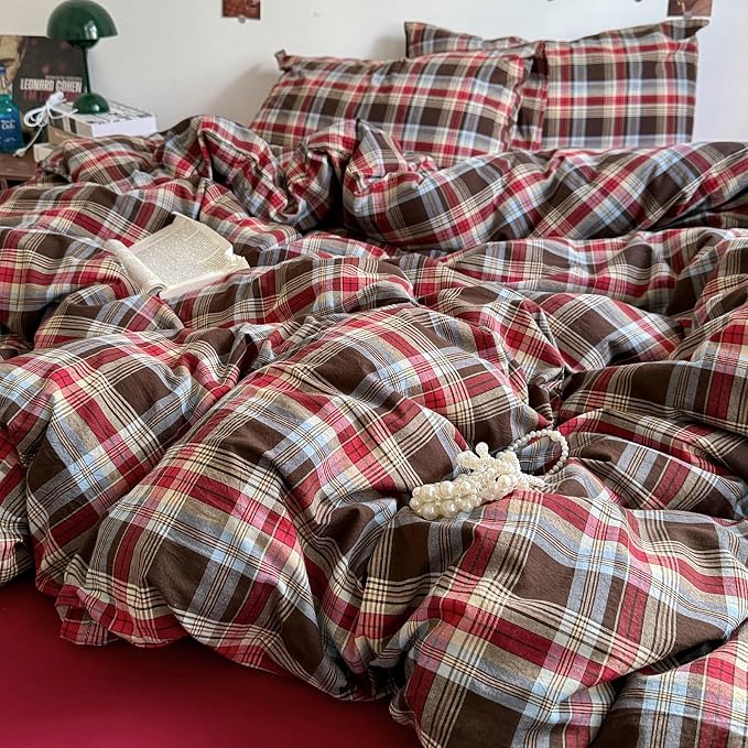 LifeTB Red Brown Plaid Comforter Set Queen, 3 Pieces Vintage Checkered Grid Bed Comforter with 2 Pillowcases, Breathable Soft Comfy Farmhouse Plaid Pattern Printed Gingham Bedding Comforter Set