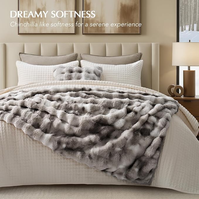 EverGrace Faux Rabbit Fur Bubble Throw Blanket, 60"x80", Light Grey | Ultra Soft, Luxury Faux Rabbit Fur Throw, Thick Warm Bubble Blanket, Cozy Fluffy Reversible, for Bed, Couch, Chair, Sofa