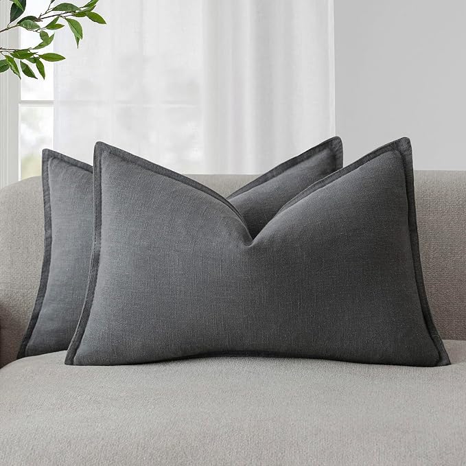 Foindtower Decorative Linen Lumbar Throw Pillow Covers 12x20 Inch Grey | Pack of 2 Boho Farmhouse Pillowcase,Accent Neutral Solid Cushion Covers,Morden Home Decor for Couch Sofa Bedroom Living Room