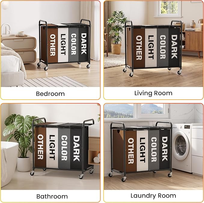 Laundry Sorter 4 Sections 48 Gal, Rolling Laundry Basket with Wheels ＆ Lid | Laundry Hamper, 4 Separated Removable Bags, Lockable Wheels, Dirty Clothes Hamper for Laundry Room Organizer, Multicolor