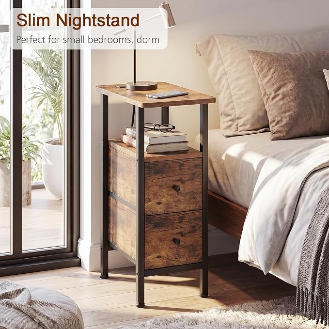 LOAKEKEL Narrow End Table with Charging Station, Small Nightstand | Skinny Side Tables Living Room with 2 Fabric Drawers, Slim Bedside Table for Bedroom, Small Spaces, Couch, Rustic Brown