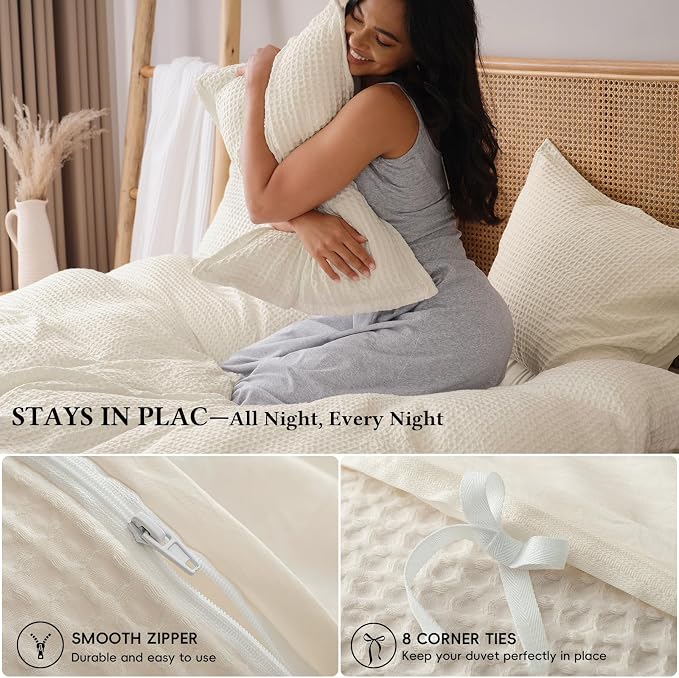 David's Home Textured Waffle Weave Duvet Cover Set, Queen, Cannoli Cream | Breathable Cozy for All Season, 300GSM, 3PCS Home Bedding Decor, OEKO-TEX Certified, Hidden Zipper, 8 Corner Ties, 90" X 90"