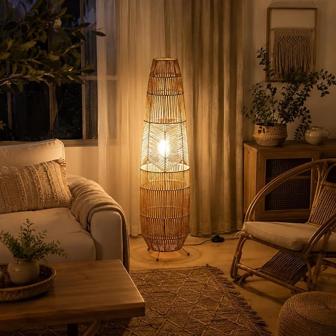 Hand Woven Rattan Floor Lamp,Boho Standing Lamps for Living Room | Handcrafted Wicker Shade,No Assembly Required,Unique Shadow Effects,Foot Switch Control,36 Inch Tall,3 Color Temperature