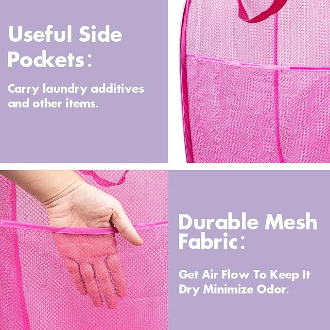 2 Pack Pop Up Laundry Hampers, 70 L Collapsible Foldable Mesh Basket, Pink | Reinforced handles, breathable fabric, foldable, portable for dorm college travel camping cruise, dirty clothes, toys storage