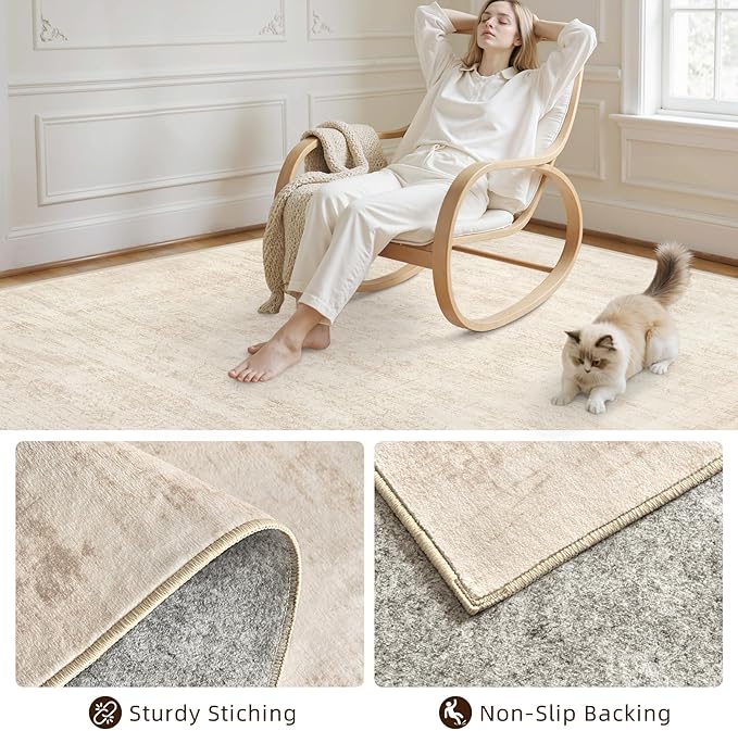8x10 Area Rugs Living Room: Bedroom Washable Carpet Retro Beige | Large Vintage Boho Indoor Decor Neutral Soft Nursery Farmhouse Dining Room Office Floor Non-Slip Low Pile Under Table Rug