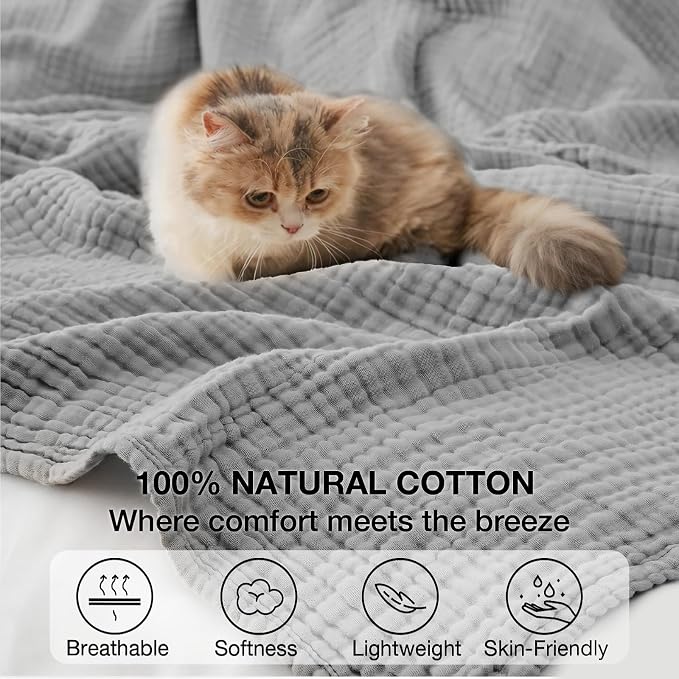 100% Cotton Muslin Blanket Twin 60" x 80", Breathable and Lightweight Cotton Twin Blankets for Couch, Soft Cooling Summer Gauze Blanket for Adults All Season, Light Grey