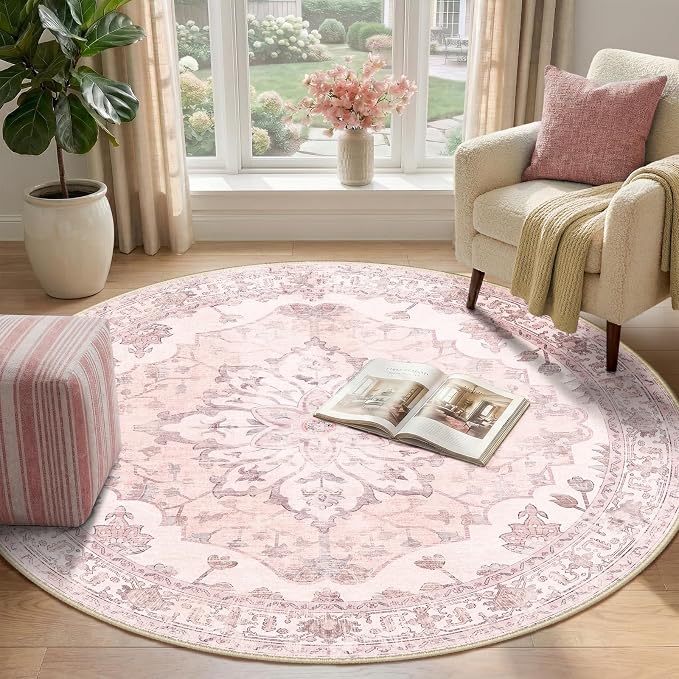 RELEANY Washable Area Rug, Round 4ft, Pink | Non-Slip, Water Repellent, Pet Friendly, Easy to Clean, Vintage Floral Boho Decor for Living Room Bedroom Dining Room Entry