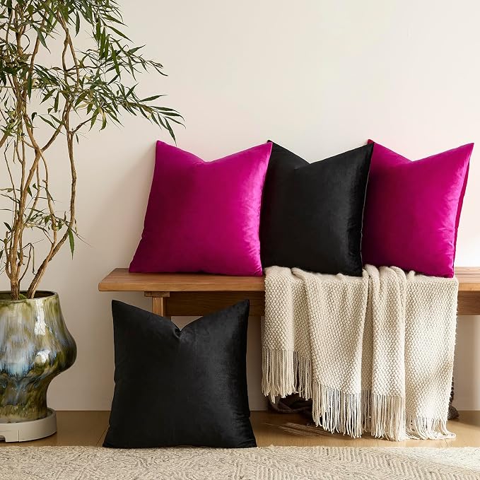 GIGIZAZA Pack of 4 Decorative Velvet Pillow Covers 18x18 Black Hot Pink | Throw Pillows for Couch Sofa,280gsm Soft Textured Fabric,Modern Accent Pillowcases,Luxury Living Room Cushion Covers