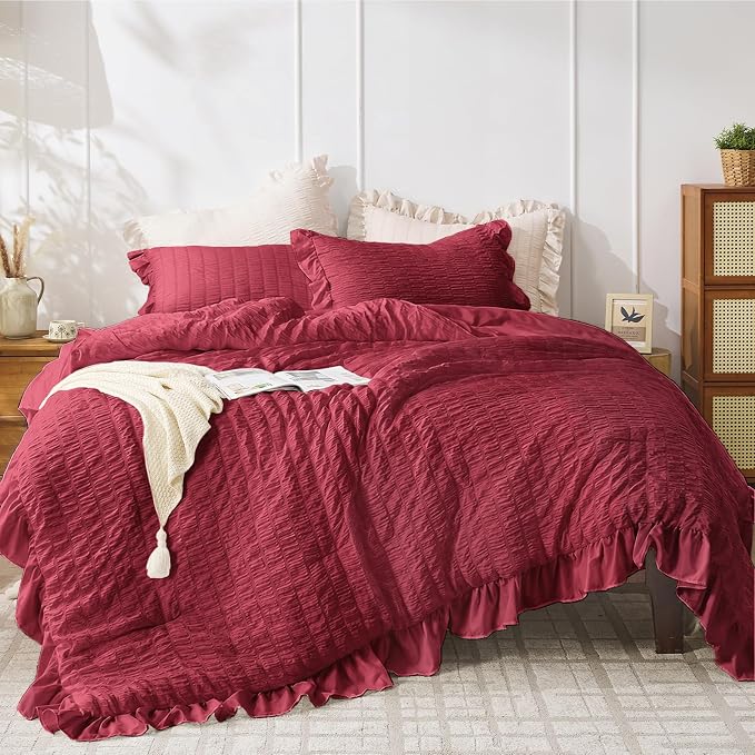 JOLLYVOGUE Burgundy Queen Comforter Set, 3 Pieces Seersucker Comforters Queen Size, Lightweight & Fluffy Bedding Sets for All Season with 1 Ruffle Comforter and 2 Ruffle Pillowshams