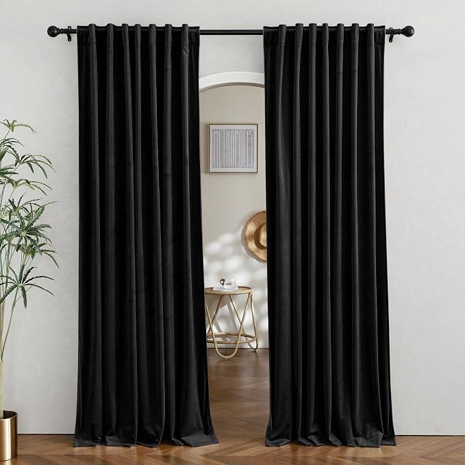 RYB HOME Black Velvet Blackout Curtains for Bedroom 63 inches Length | Thermal Insulated, Privacy UV Heat Blocking, Luxurious Soft Fabric, Back Tab, Drapes for Nursery Office, W42 x L63, 2 Panels