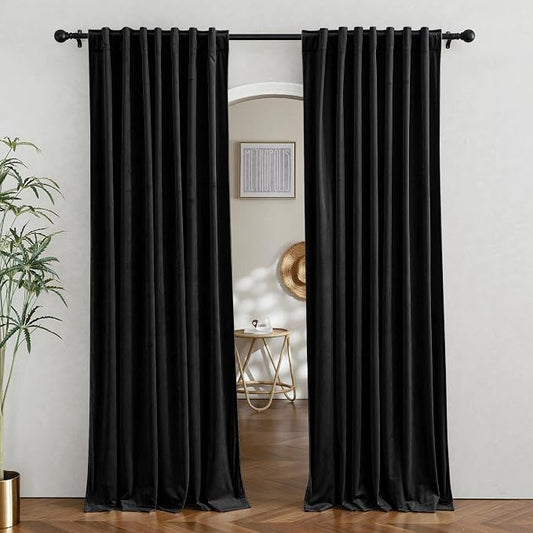 RYB HOME Black Velvet Blackout Curtains 92 inches for Bedroom Living Room | Thermal Insulated, Privacy UV Block, Noise Reducing, Energy Saving, Luxury Window Decor for Dining Room, W52 x L92, 2 Panels