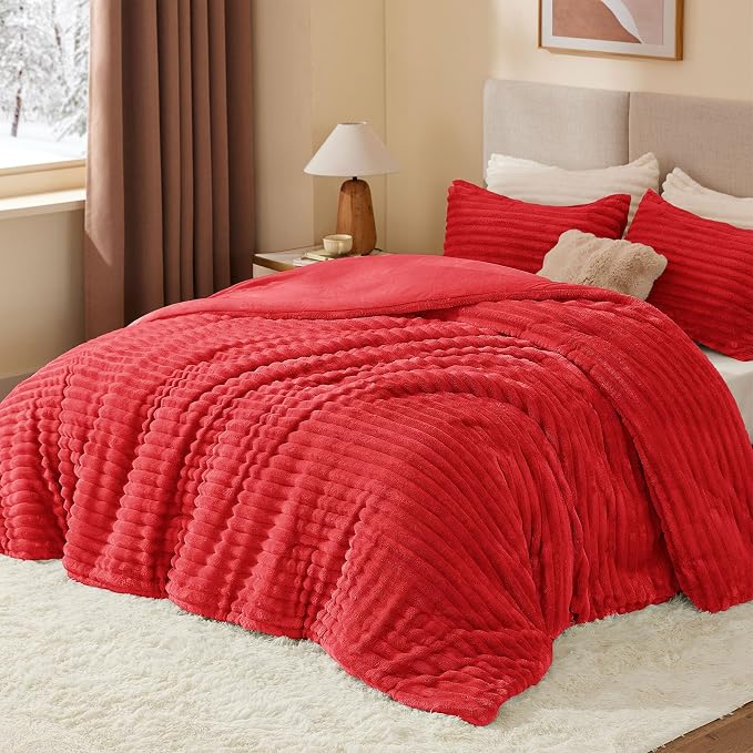 BEDELITE Fleece King Comforter Set, Fluffy Bed Set, Red | Super Soft & Warm Bedding, Luxury Fuzzy Faux Fur Comforter for Winter, Heavy Plush Bedding, with 2 Pillowcases
