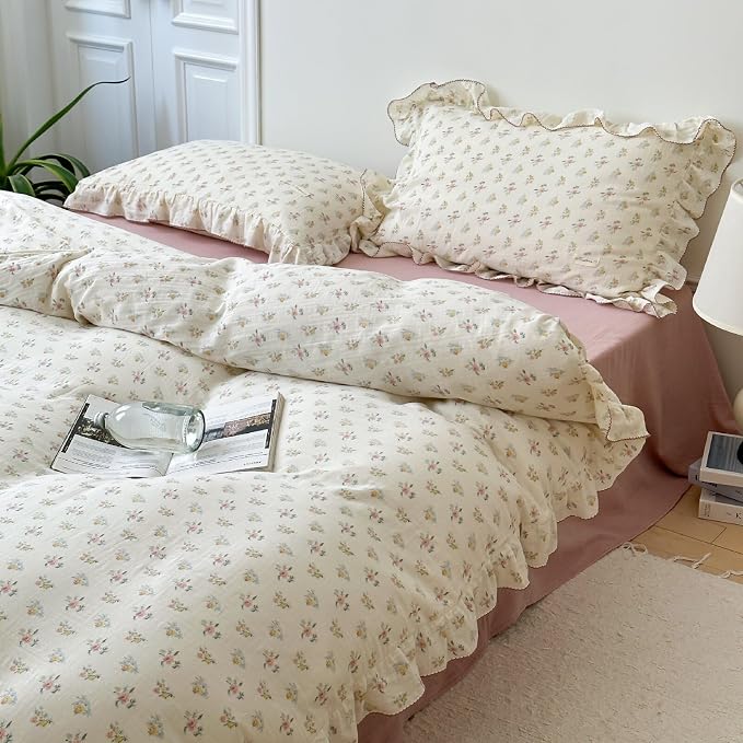 Cottage Floral Duvet Cover King with Ruffles,Azalea Print,No Pillow | Vintage Shabby Chic Bedding,100% Cotton Muslin Quilt/Comforter Cover, Soft Breathable, Zipper Closure,90"x104"