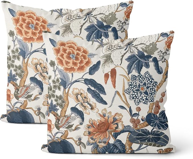 Navy Blue Orange Boho Pillow Covers 18x18 Inch 2 Pcs Chinoiserie Blue Floral Bird Decor Throw Pillows Vintage Flower Seasonal Outdoor Farmhouse Pillowcase Linen Cushion Cover for Couch Sofa