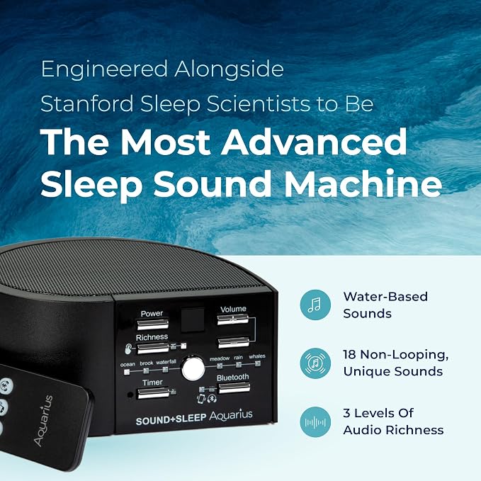 Adaptive Sound Technologies Sound + Sleep Aquarius, Bluetooth, Black | White Noise Machine for Focus Support with a Convenient Sleep Timer, Built-in Headphone Jack, and Precision Volume Settings