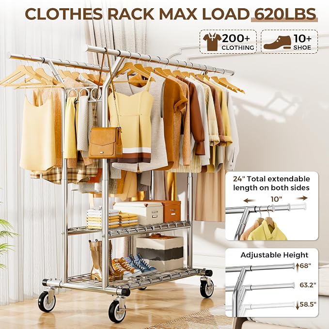 HYSEYY Heavy Duty Clothes Rack, Rolling Clothing Rack With Shelves Load 620 LBS, Double Rod Clothing Racks for Hanging Clothes, Portable& Adjustable Clothes Rack with Wheels Garment Rack