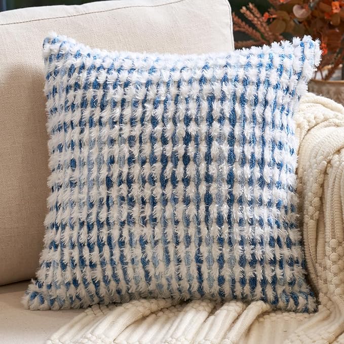 Aeckself Boho Chenille Tufted Pillow Cover 18x18 Inch, Decorative Square Throw Pillow Cover Neutral Pillowcase for Couch Bedroom Living Room, Blue White