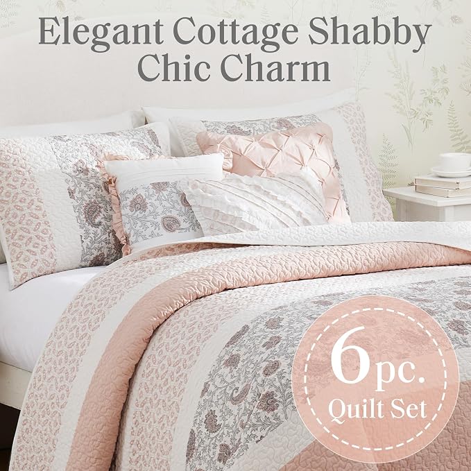 Madison Park Shabby Chic Cotton Quilt Set, 6PC Full/Queen Coverlet | Double-Sided Stitching Floral Design, All Season, with Shams, Bed Skirt, Decorative Pillows, Lightweight, Blush