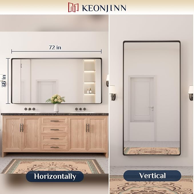 Keonjinn 72 x 36 Inch Black Bathroom Mirror for Over Sink, Tempered Glass | Sandblasted Finish, Matte Black Vanity Mirror, Anti-Rust, Seamless Aluminum Frame, Rounded Rectangle, French Cleat Mount