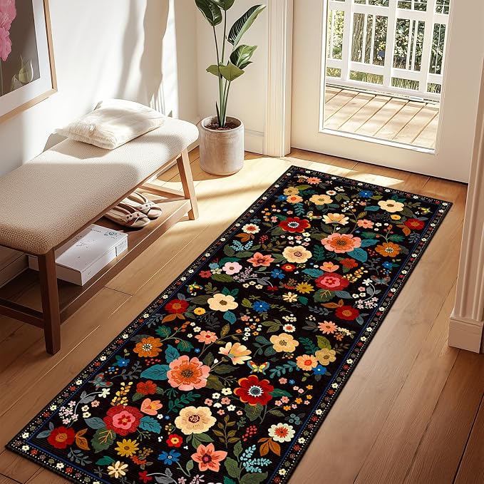 Floral Washable 2x8 Area Rugs Runner Entryway Hallway Black | Flower Carpet, Print, Boho, Non-Slip, Easy to Clean, Low Pile, Soft, for Living Room Bedroom Kitchen Office Entrance