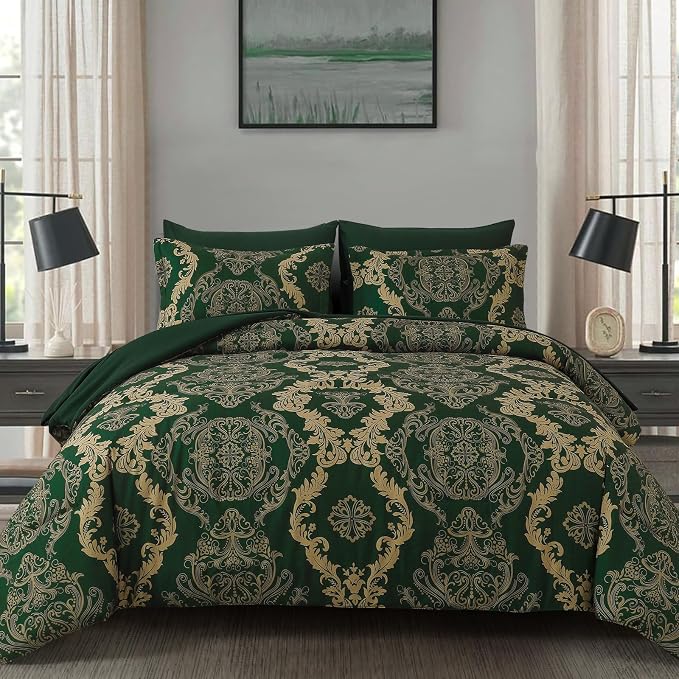 WONGS BEDDING Green Damask Queen Size Comforter Set, 7 Piece Texture Microfiber Comforter Bedding Set for All Season, Bed in a Bag with Comforter, Flat Sheet, Fitted Sheet, Pillowcases & Shams